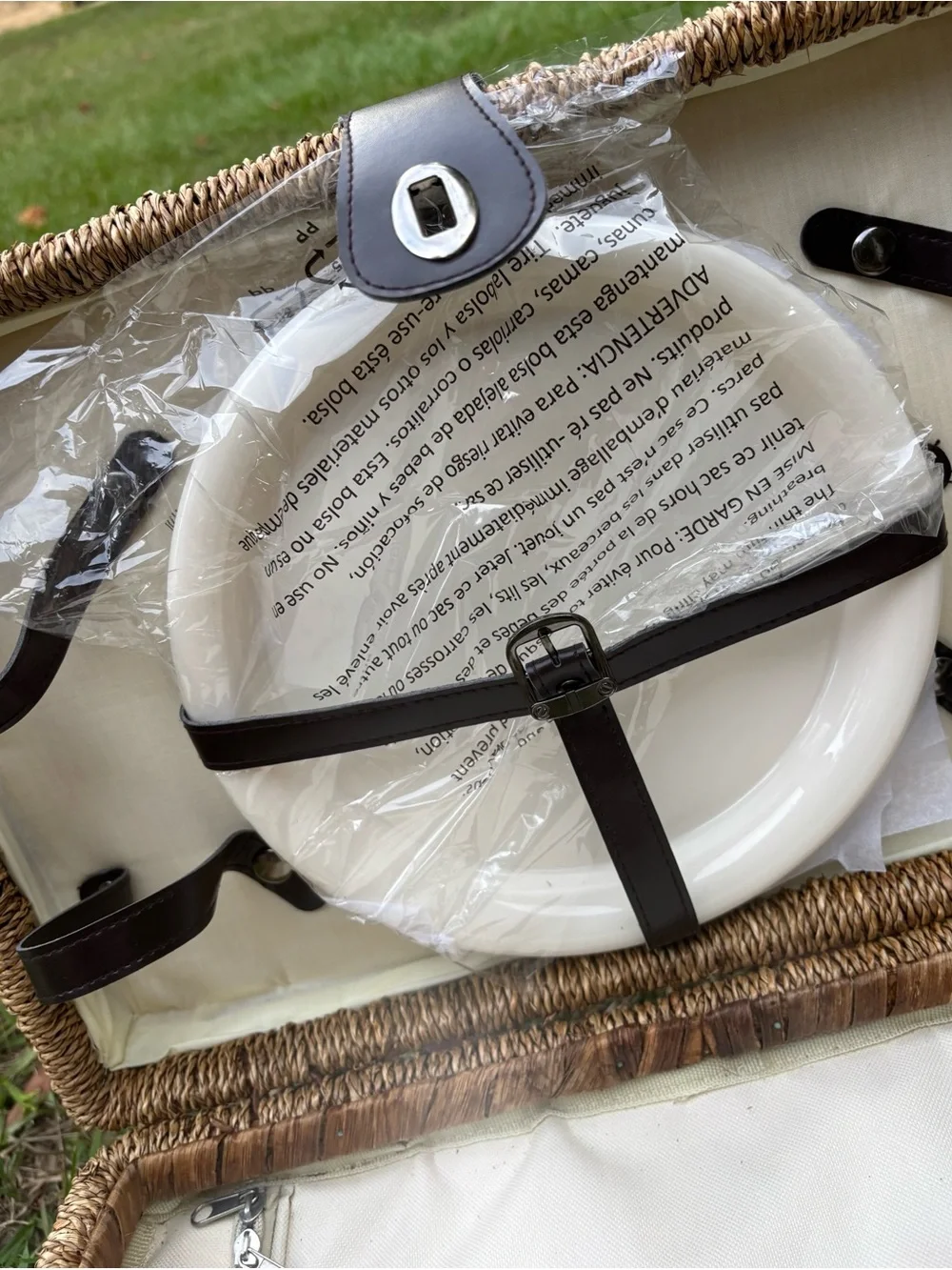 Woven Picnic Basket with Brown Straps and Leather Accents